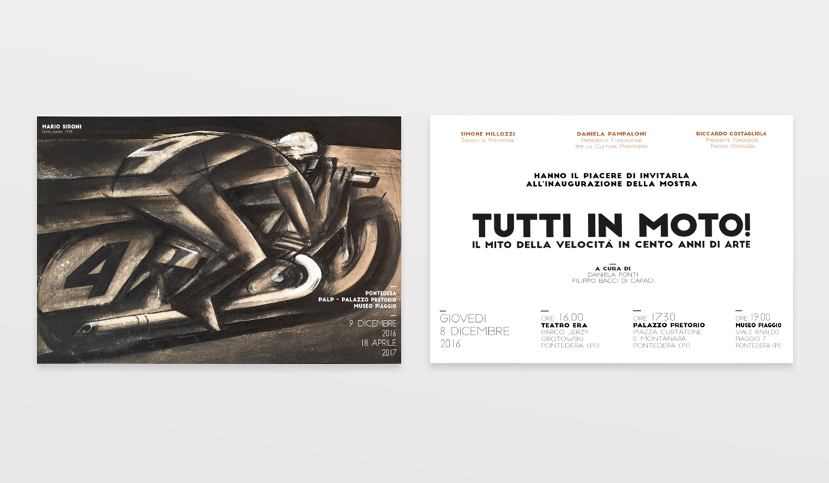 Tutti in moto, Sironi, Pontedera, deferrari modesti, Progetto grafico, invito