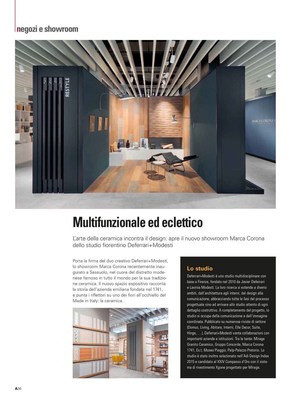 Rivista Allestire, Showroom Marca Corona, Progetto, Deferrari Modesti