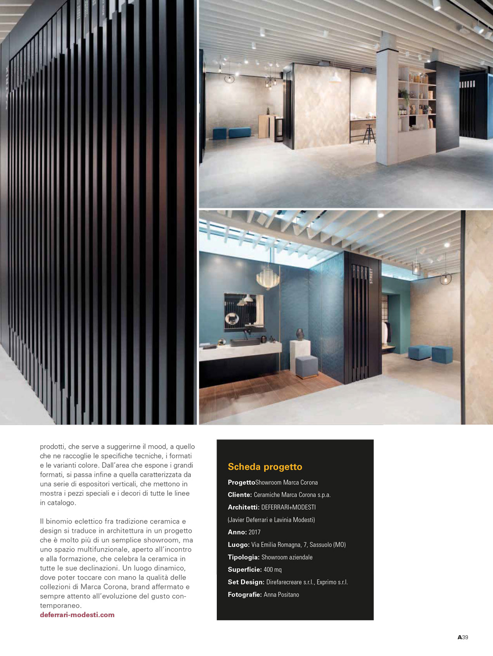 Rivista Allestire, Showroom Marca Corona, Progetto, Deferrari Modesti